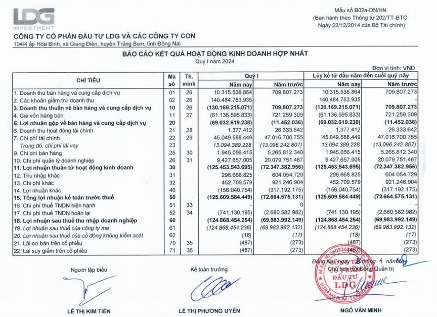 Báo cáo kết quả hoạt động kinh doanh hợp nhất quý I/2024 của CTCP Đầu tư LDG.