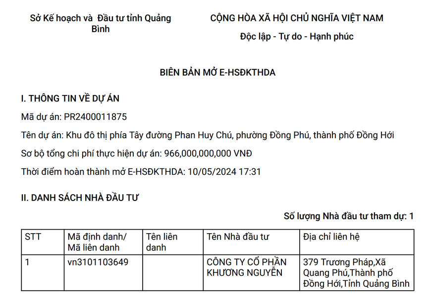 CTCP Khương Nguyễn - nhà đầu tư duy nhất đăng ký thực hiện Khu đô thị gần 1.000 tỷ do chính mình đề xuất ở Quảng Bình- Ảnh 1.