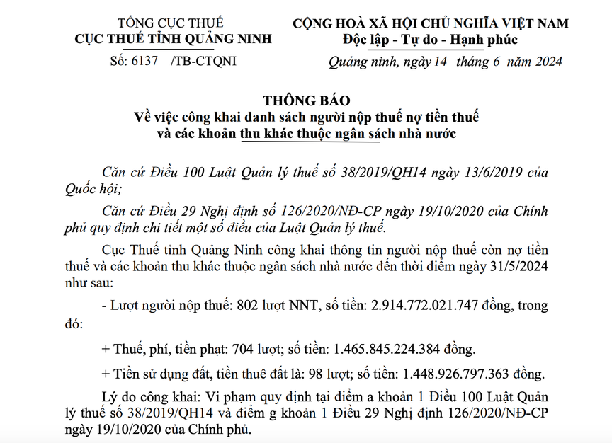 Quảng Ninh: Công ty TNHH Quan Minh dẫn đầu danh sách nợ tiền thuế- Ảnh 1.