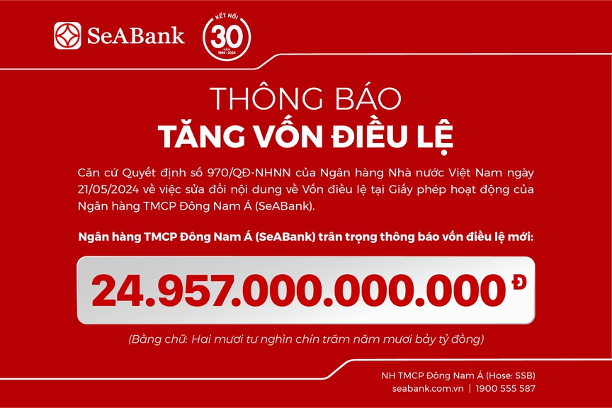 SeABank hoàn tất tăng vốn điều lệ lên 24.957 tỷ đồng- Ảnh 1.