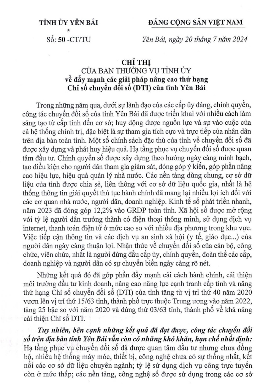 Chỉ thị của Ban Thường vụ Tỉnh ủy Yên Bái về đẩy mạnh các giải pháp nâng cao thứ hạng Chỉ số chuyển đổi số (DTI)- Ảnh 2.