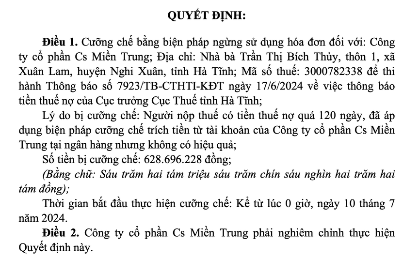 Công ty cổ phần CS Miền Trung bị cưỡng chế hoá đơn vì nợ thuế- Ảnh 1.