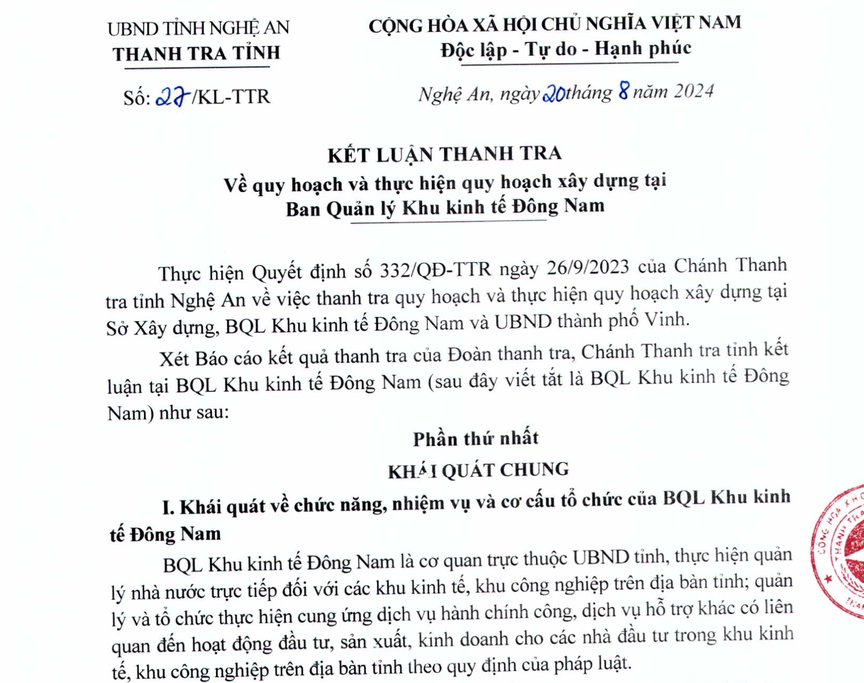 Nghệ An: Nhiều tồn tại trong thực hiện quy hoạch xây dựng tại Ban Quản lý Khu kinh tế Đông Nam cần làm rõ trách nhiệm- Ảnh 1.