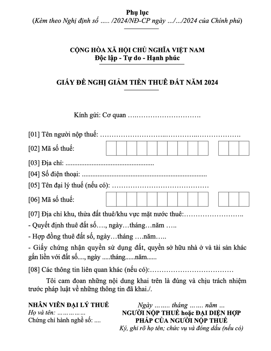 Mẫu Giấy đề nghị giảm tiền thuê đất năm 2024. (Ảnh chụp màn hình từ Nghị định quy định về việc giảm tiền thuê đất năm 2024 nhằm thúc đẩy sản xuất, kinh doanh)