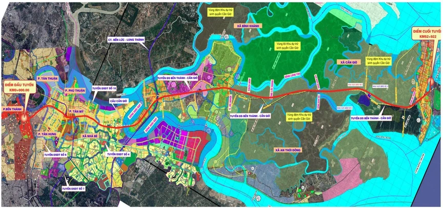 Vị trí và hướng tuyến đường sắt tốc độ cao Bến Thành - Cần Giờ. Ảnh: ĐTM Vị trí và hướng tuyến đường sắt tốc độ cao Bến Thành - Cần Giờ. Ảnh: ĐTM