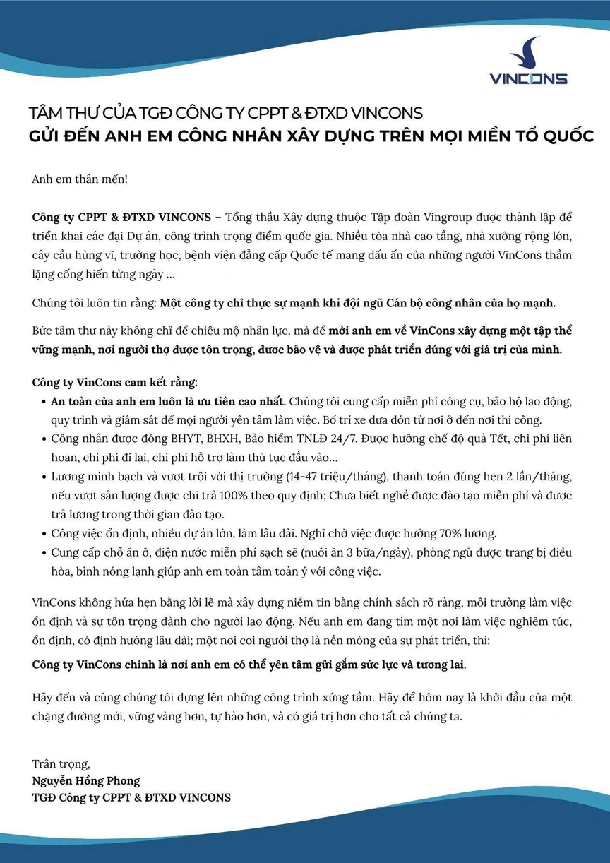 Công ty tổng thầu chủ lực của Vingroup ra thông báo chiêu mộ nhân lực, mức lương cực hấp dẫn- Ảnh 1.