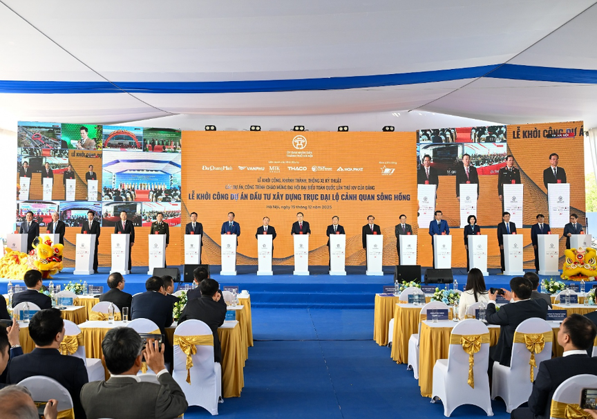 Liên danh Đại Quang Minh - Văn Phú - MIK Group - Thaco - T&T Group - Hòa Phát khởi công Dự án đầu tư xây dựng Trục đại lộ cảnh quan sông Hồng- Ảnh 2.