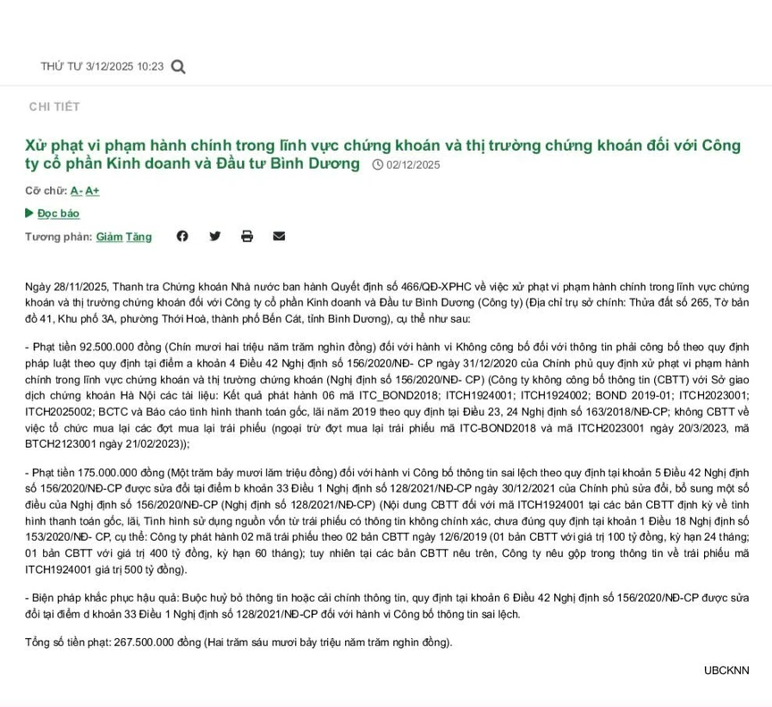 Sai lệch báo cáo trái phiếu, Becamex ITC bị phạt 267,5 triệu đồng- Ảnh 1. Sai lệch báo cáo trái phiếu, Becamex ITC bị phạt 267,5 triệu đồng- Ảnh 1.