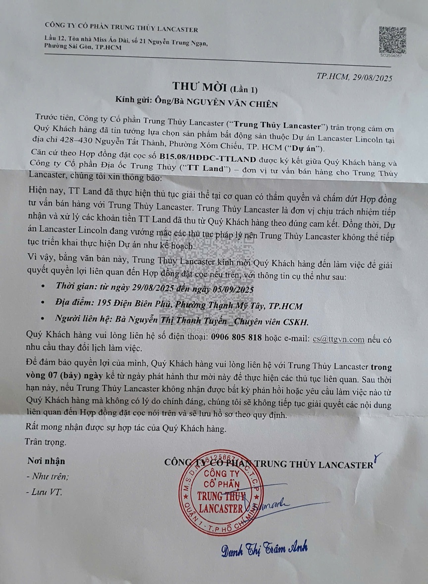 Trung Thuỷ Group lên tiếng về việc khách hàng phản ánh công ty nhận tiền cọc dự án Lancaster Lincoln giải thể- Ảnh 2. Trung Thuỷ Group lên tiếng về việc khách hàng phản ánh công ty nhận tiền cọc dự án Lancaster Lincoln giải thể- Ảnh 2.