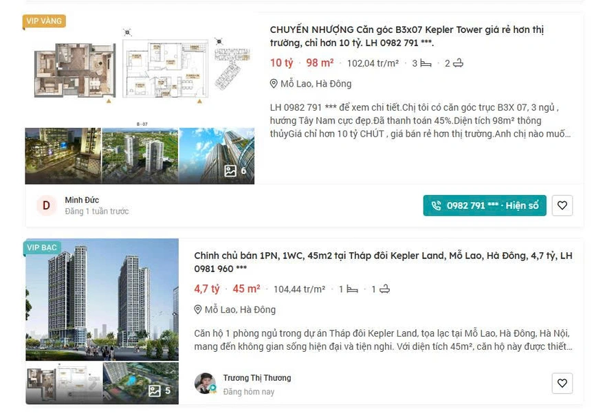 Thông tin rao bán căn hộ tại Tháp đôi Kepler Land trên trang Batdongsan.com.vn