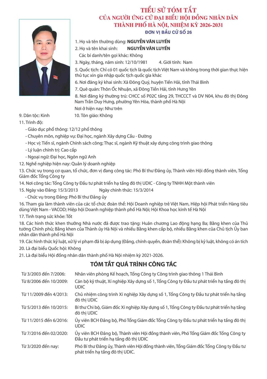Tổng Giám đốc UDIC Nguyễn Văn Luyến ứng cử đại biểu HĐND TP. Hà Nội nhiệm kỳ 2026 - 2031- Ảnh 1.