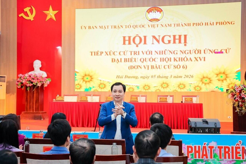 Trưởng ban Tuyên giáo Cơ quan UBTƯ MTTQ Việt Nam Vũ Văn Tiến trình bày chương trình hành động với cử tri Hải Phòng- Ảnh 3.