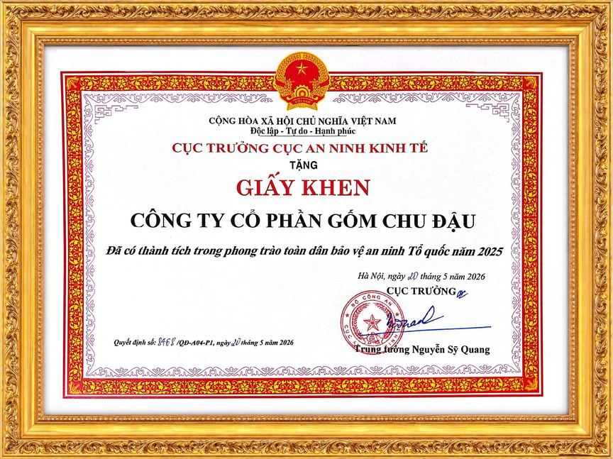 Thương hiệu quốc gia Gốm Chu Đậu vinh dự nhận Giấy khen của Cục An ninh Kinh tế - Bộ Công an- Ảnh 1.