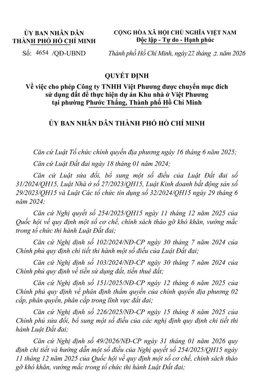 TP.HCM ban hành quyết định chuyển mục đích sử dụng đất tại phường Phước Thịnh - Ảnh 1.