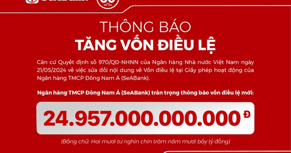 SeABank hoàn tất tăng vốn điều lệ lên 24.957 tỷ đồng