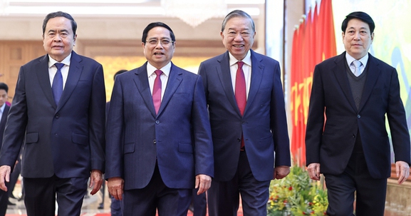 Tổng Bí thư Tô Lâm và các đồng chí lãnh đạo chủ chốt dự Hội nghị toàn quốc Chính phủ và chính quyền địa phương