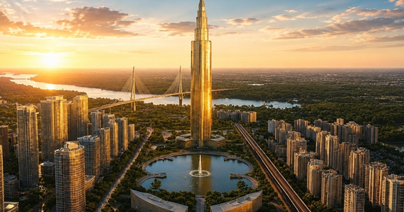 Việt Nam lần đầu tiên trong lịch sử sẽ có tháp chọc trời 108 tầng cao 639m cạnh cây cầu dây văng thép lớn nhất cả nước