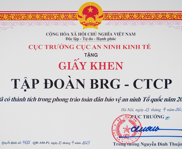 Tập đoàn BRG nhận giấy khen trong phong trào “Toàn dân Bảo vệ An ninh Tổ quốc năm 2024”