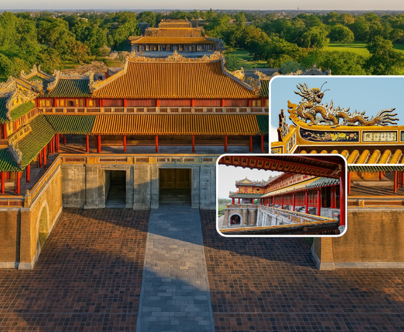 Công trình là biểu tượng huy hoàng của triều Nguyễn xưa: Bộ khung 100 cột hoàn toàn từ gỗ lim, là tổ hợp 9 lầu hợp thành