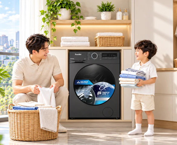 Bộ đôi giặt sấy Funiki giúp gia đình trẻ chủ động chăm sóc quần áo hằng ngày